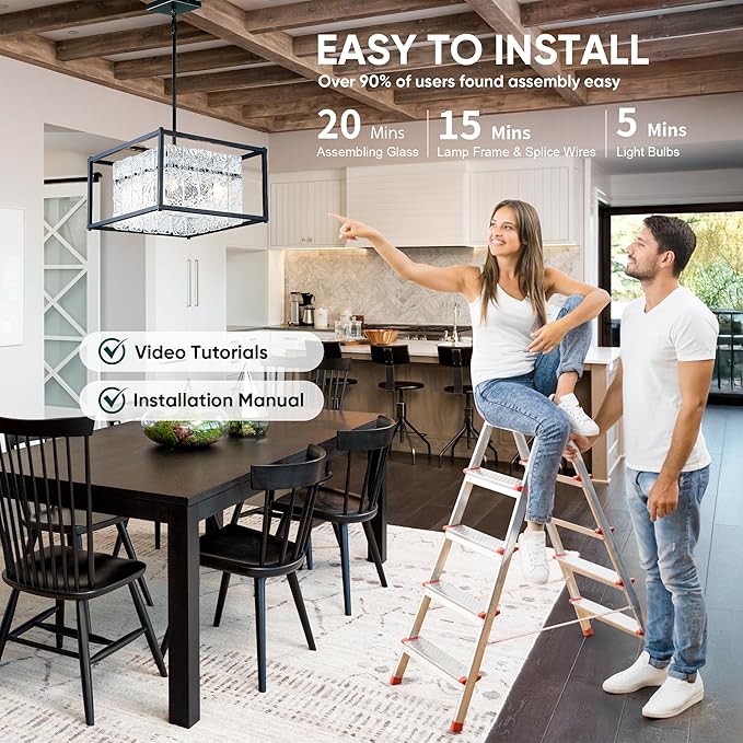 IKK Modern Foyer Chandelier, Black Crystal Chandelier for Dining Room, Square Entryway Light Fixture Hanging, Easily Adjustable Height Glass Chandeliers for Kitchen Island, Elegant Water Ripple