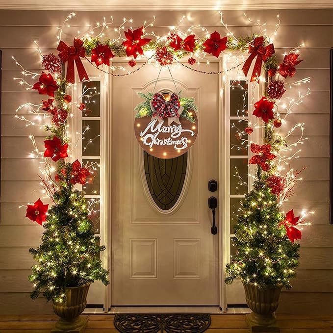 HOMCDALY Merry Christmas Sign for Front Door, Wooden Hanging Sign Door Decoration with 12 LED Light, Winter Welcome Wreath indoor outdoor Décor, Christmas Decoration.
