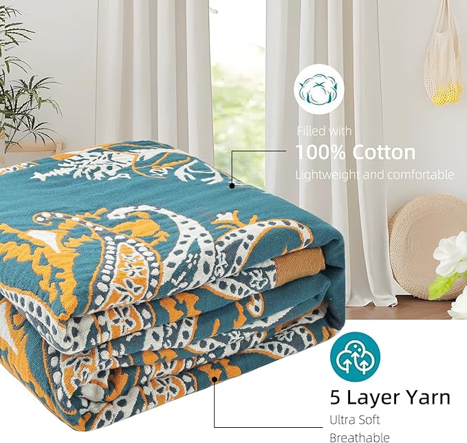 Boho Throw Blanket for Bed - 100% Pure Cotton Ultra Soft Rustic Quilt - Farmhouse Decor Bed Blankets, All Season Rustic Throw for Sofa Couch Chair(80''x 90'', Boho Floral)