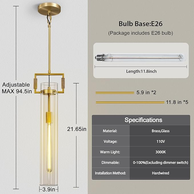 Modern Gold Pendant Light, 21'' Pendant Lights Kitchen Island Large, Adjustable Height Brass Pendant Light Glass Pendant Light Fixtures, for Dinning Room Farmhouse Bedroom Bathroom