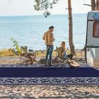 GENIMO Outdoor Rug Waterproof Area 10'x14' for Patio, Foldable Reversible Plastic Straw Carpet for Travel Trailers, Outside Mat for Rv, Deck, Picnic, Porch, Camper, Balcony, Beach, Blue & White
