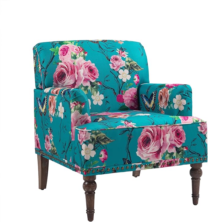 UIXE Floral Accent Chair, Living Room Arm Chairs Modern Nailhead Trim Club Armchair with Wood Legs, Comfy Upholstered Sofa Lounge Seat Reading Seat Bedroom Side Seating for Home Office