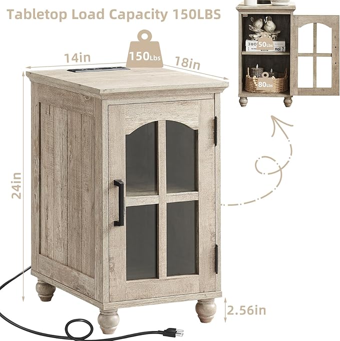 Farmhouse End Table Set of 2 with Charging Station, 18'' Narrow Side Table and 24" Large Sofa Table with Glass Barn Door Storage, Wood Night Stand Bedside Cabinet for Living Room,Bedroom