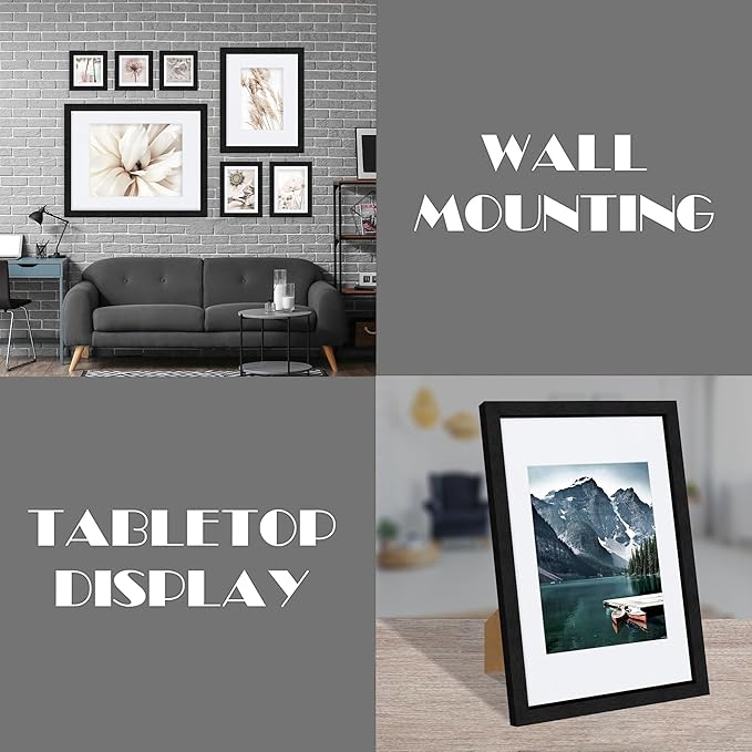 9x12 Black Picture Frames set of 3, Made of Wooden and Glass Photo frame - Displays Picture 6x8 with Mat or 9 x 12 without Mat, Desktop & Wall Collage Frame set
