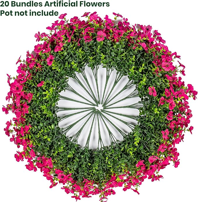 20 Bundles Artificial Flowers for Outdoor Fake Plants for Spring Decoration,Faux Eucalyptus Flowers for Planter UV Resistant Lifelike for Home Porch Garden（Rose Red）