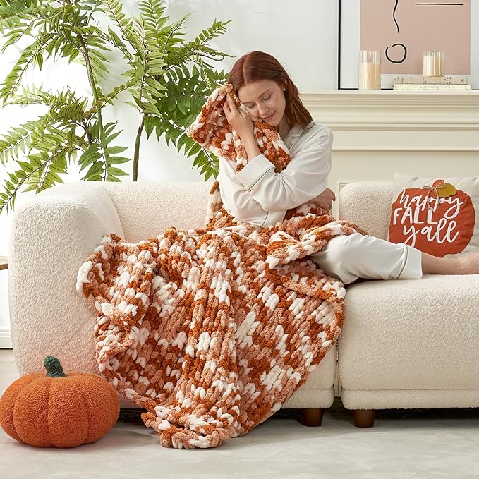 Amélie Home Chunky Knit Throw Blanket for Couch, Soft Chenille Crochet Blanket for Sofa, 50"x60", Space-Dyed Burnt Orange