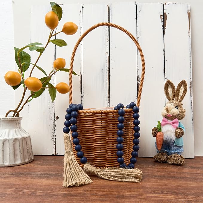 OMISHE 59in Wood Bead Garland with Tassels, Decorative Beads, Farmhouse Wooden Beads Garland for Wall Hanging Home Festival Decor, Navy Blue