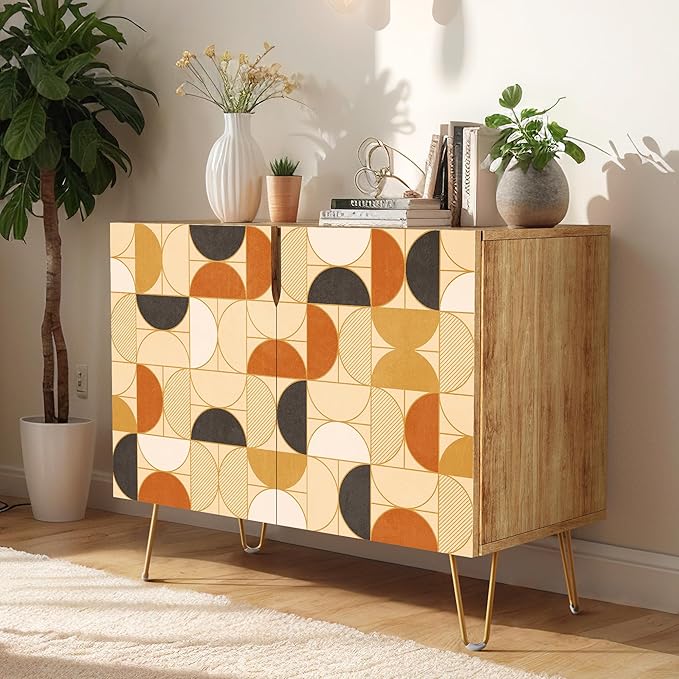 SIGNWIN Sideboard Buffet Cabinet, Kitchen Storage Cabinet with 2 Doors, Tan Brown Polygonstric, Cupboard Console Table for Dining Room - 35" L x 18" W x 29" H