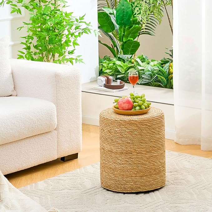 Wimarsbon Natural Seagrass Foot Stool, Hand Weaving Round Ottoman, for Living Room, Outdoor Seat (Natural)