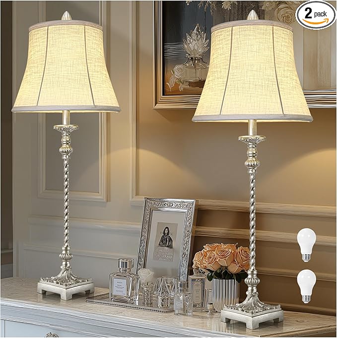 Candle Stick Buffet Table Lamp Set of 2, 33'' Vintage Nightstand Lamps with Silver Leaf Finish and White Linen Shades, 3-Way Dimmable Bulb Included, Country Style Bedside Lamps for Living Room Bedroom