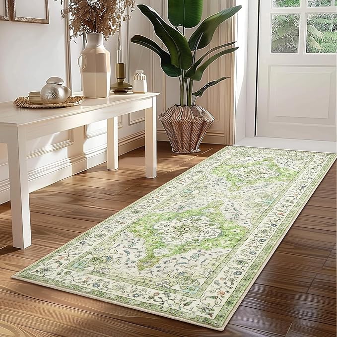 Topllen Runner Rug - 2'x5' Boho Washable Kitchen Rug, Non-Slip Soft Low Pile Rugs Indoor for Entrance Bedroom Bathroom Living Room,Vintage Throw Hallway Carpet Stain Resistance (Green, 2x5ft)