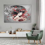 Japanese Geisha Tapestry Asian Red Cherry Blossom Red Sun Traditional Kimono Folk Tapestries Home Decor for Living Room Bedroom Apartment Farmhouse Dorm 60"x40"