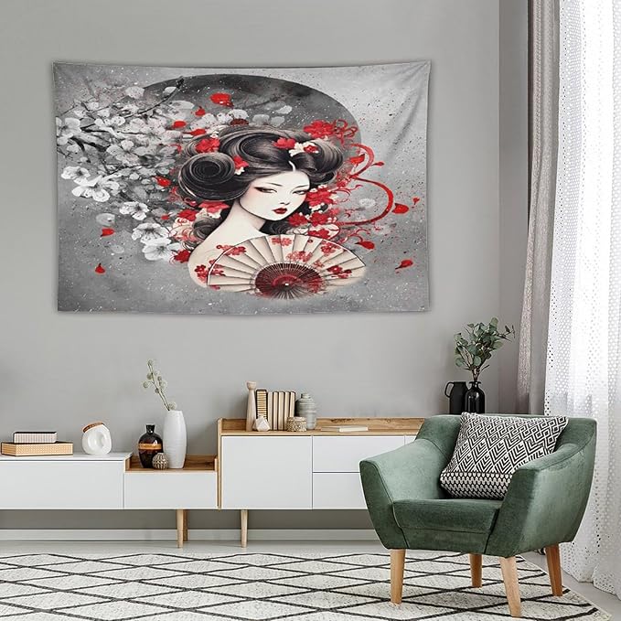 Japanese Geisha Tapestry Asian Red Cherry Blossom Red Sun Traditional Kimono Folk Tapestries Home Decor for Living Room Bedroom Apartment Farmhouse Dorm 60"x40"