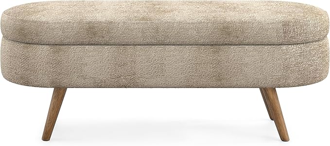 Oval Storage Bench 43.5" Linen Fabric Upholstered Entryway Bench with Solid Wood Legs Ottoman Bench Indoor Bench for Living Room/Bedroom/End of Bed/Entryway (Brown)