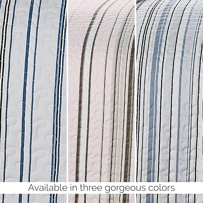 Southshore Fine Living, Inc. Oversized Queen Quilt Set, Striped Blue/White Quilt Bedspread Queen/Full, 3-Piece Coastal Bedding Set with Lightweight Coverlet and Matching Quilted Shams, Blue Stripes