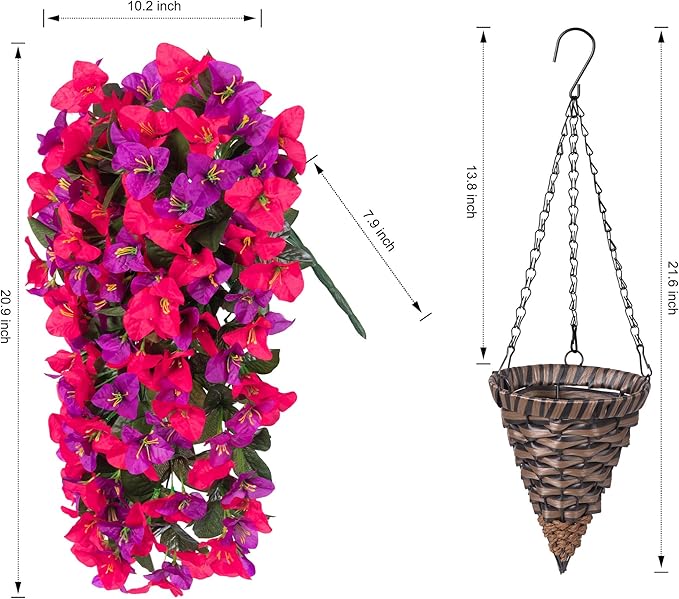 Artificial Bougainvillea Faux Flowers Plants Baskets for Outdoor Outside Decoration, 3PCS Fake Silk Flowers Long Trailing Vines UV Resistant Realistic for Front Door Porch Patio Balcony, PurpleHotpink