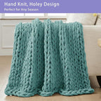 Bigacogo Chunky Knit Throw Blanket for Couch, 51x63 inches, 100% Hand Knitted with Thick Jumbo Chenille Yarn, Cozy Soft Large Rope Knot Cable Crochet Blankets for Sofa Bed Living Room, Light Teal
