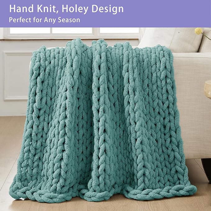 Bigacogo Chunky Knit Throw Blanket for Couch, 40x60 inches, 100% Hand Knitted with Thick Jumbo Chenille Yarn, Cozy Soft Large Rope Knot Cable Crochet Blankets for Sofa Bed Living Room, Light Teal