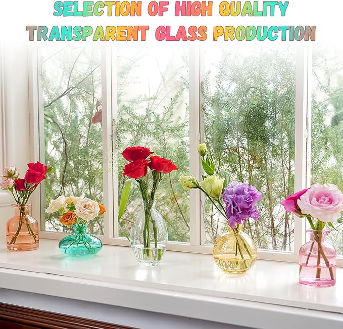 Color Bud Vases in Bulk - Set of 24 Mini Glass Bud Vases for Centerpieces, Colored Glass Vases, Colorful Bud Vase Set, Small Vases for Flowers, Modern Vase for Home, Wedding, Party Table Decor