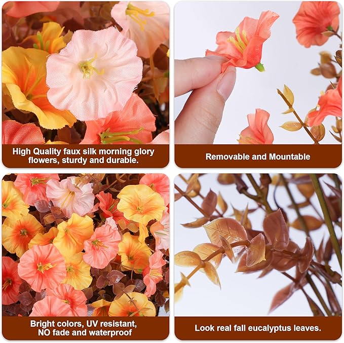 Artificial Mums for Outdoors Fake Fall Flowers Plants for Autumn Decoration, 12 Bundles Silk Morning Glory with Eucalyptus Look Real UV Resistant Faux Mums for Outside Planters Yard Patio Porch, Mix
