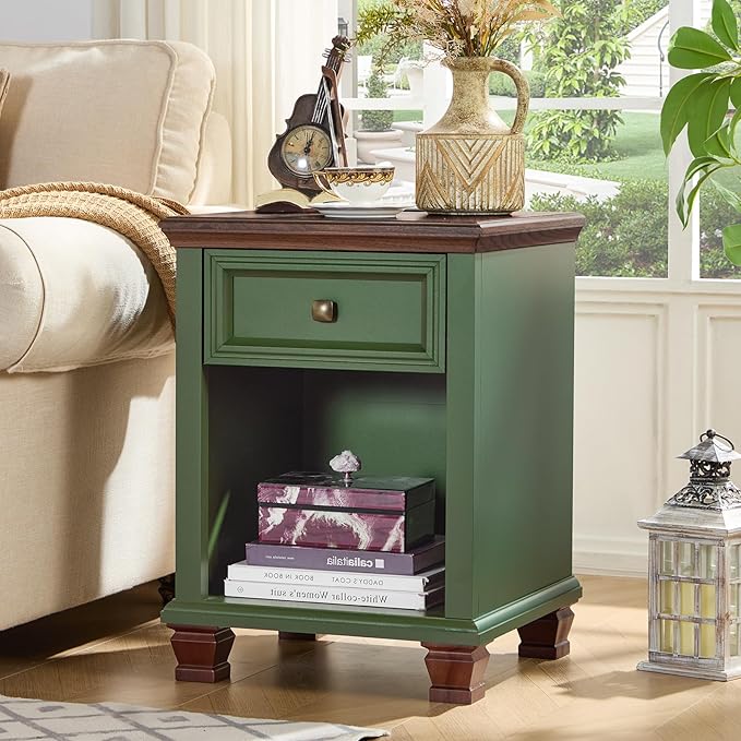 Farmhouse Side Table Set of 2 with Charging Station, Rustic Wood End Table with Drawer, Small Nightstands with Open Shelf for Bedroom, End Tables for Living Room, Green