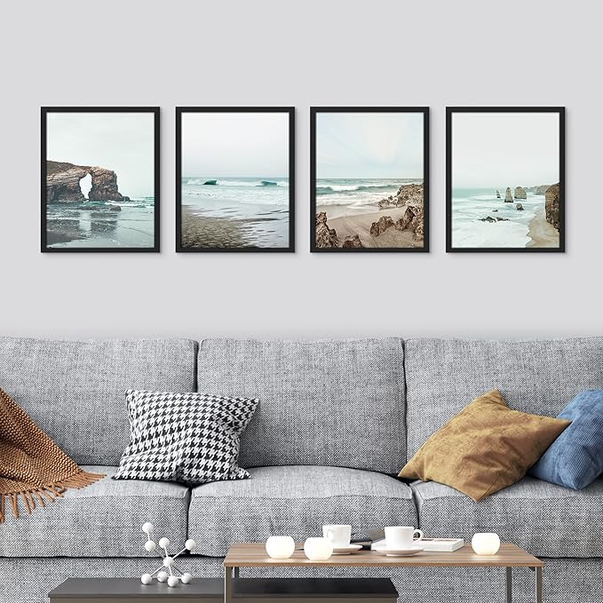 SIGNWIN Framed Rocky Storm Cloud Sky Beach Ocean Wall Art, Set of 4 Landscape Colorful Wall Decor Prints, Nature Wilderness Wall Décor for Living Room, Bedroom - 11"x14" Black