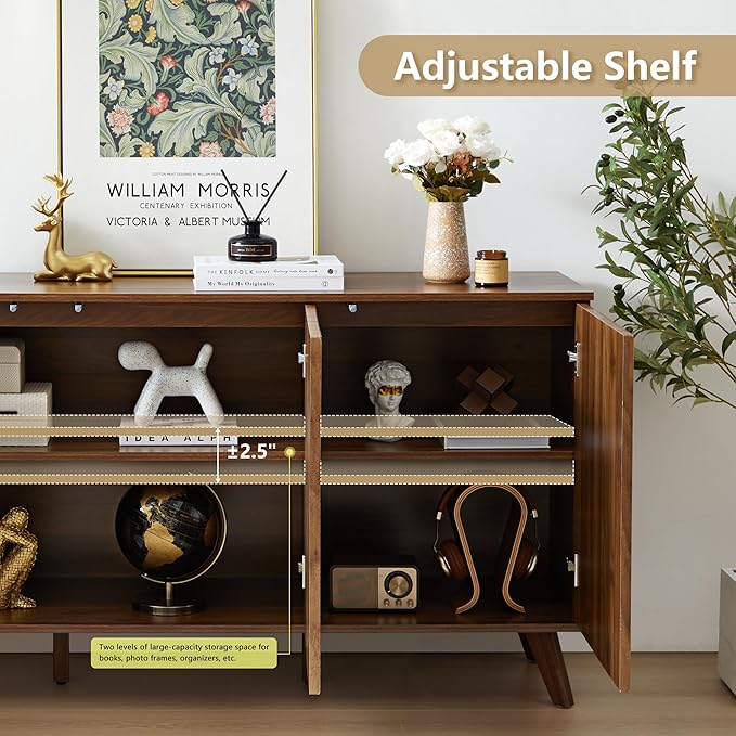 Fluted Sideboard Buffet Cabinet with Storage, Modern Storage Cabinet with 3 Doors, Wood Credenza Buffet Sideboards, Console Table for Kitchen Dining Living Room Entryway (Walnut)