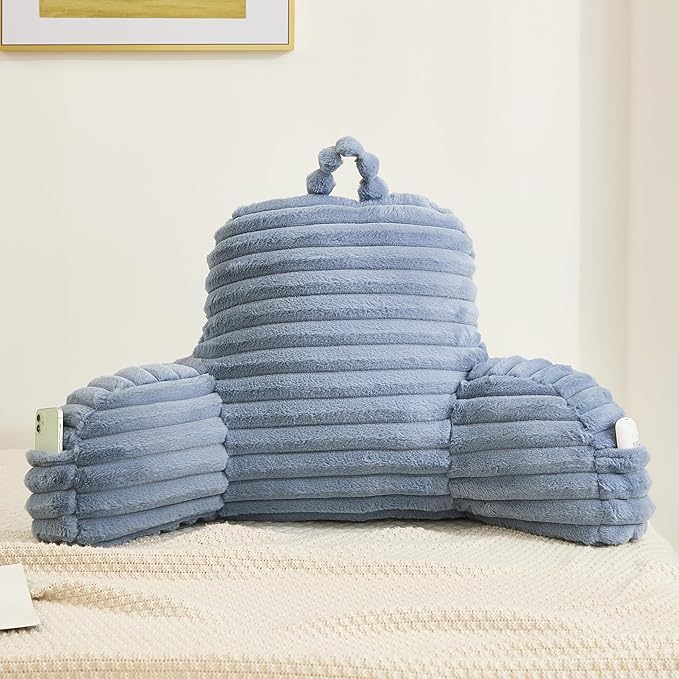 Faux Fur Fluffy Dusty Blue Reading Pillow with Pockets, Luxury Striped Plush Decorative, Arm Rests and Back Surport for Bed Rest, Lounging on sofa, Standard