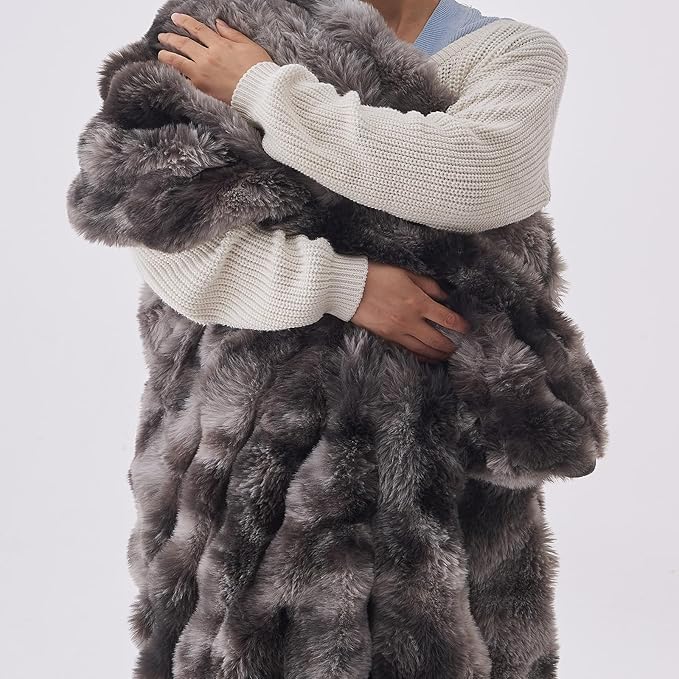 Lotus Karen Faux Fur Blanket Tie-Dye Dark Gray Twin Size - Big Bubble Rabbit Fluff Throw for Couch Small Fluffy Fuzzy Cozy Thick Furry Plush Shaggy Blankets 60x80 Inches