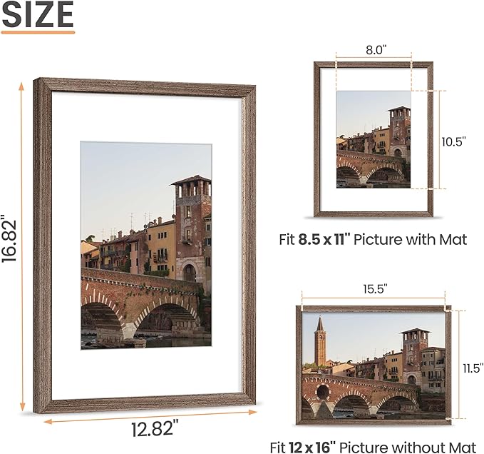 upsimples 12x16 Picture Frame, Natural Solid Wood Picture Frames, Display 8.5x11 with Mat or 12 x 16 Without, Vertical & Horizontal Wall Hanging, 1 Pack, Brown