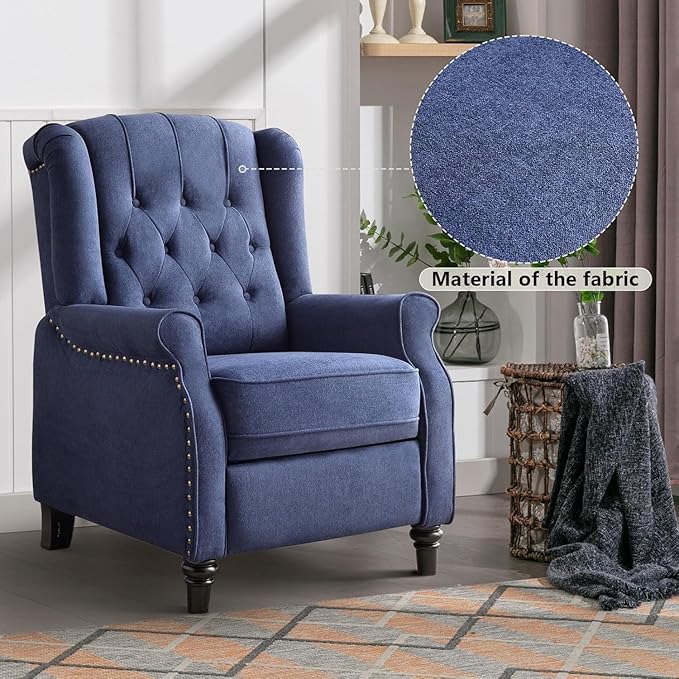 CANMOV Push Back Recliner Chair Set of 2, Modern Fabric Wingback Recliner Chair, Comfy Armchair Single Sofa Accent Chair with Padded Seat and Nailhead Trim, Tufted, Dark Blue