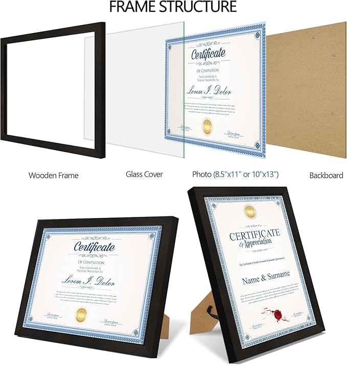 8.5x11 Diploma Frame with Tempered Glass, Multi Certificate 8.5 by 11 Photo Frame Bulk for Wall or Tabletop Display(Black, 1 Pack)
