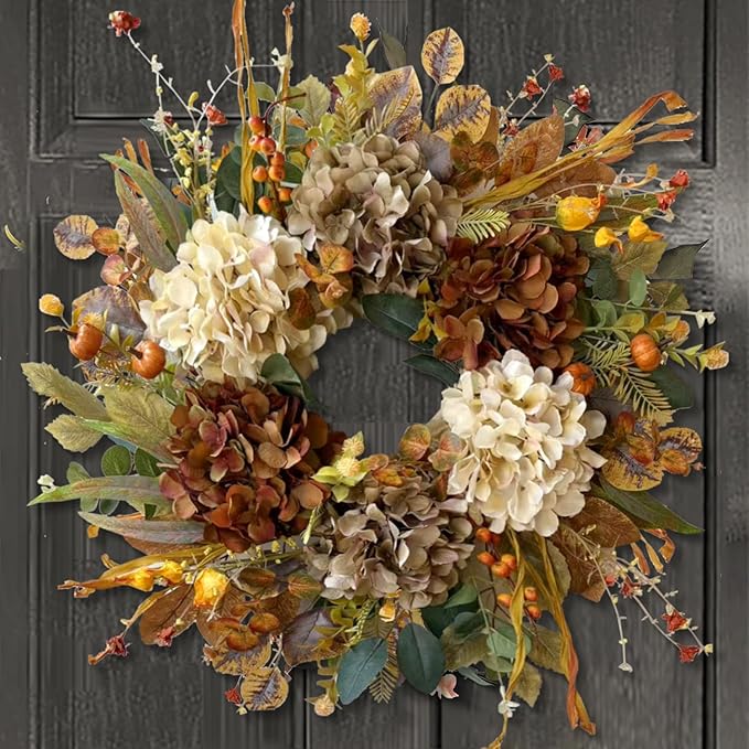 WANNA-CUL 24 Inch Fall Wreaths for Front Door with Hydrangea,Little Pumpkins-Fall Decorations for Home,Fall Door Wreath Decor for Autumn,Harvest, Halloween or Thanksgiving
