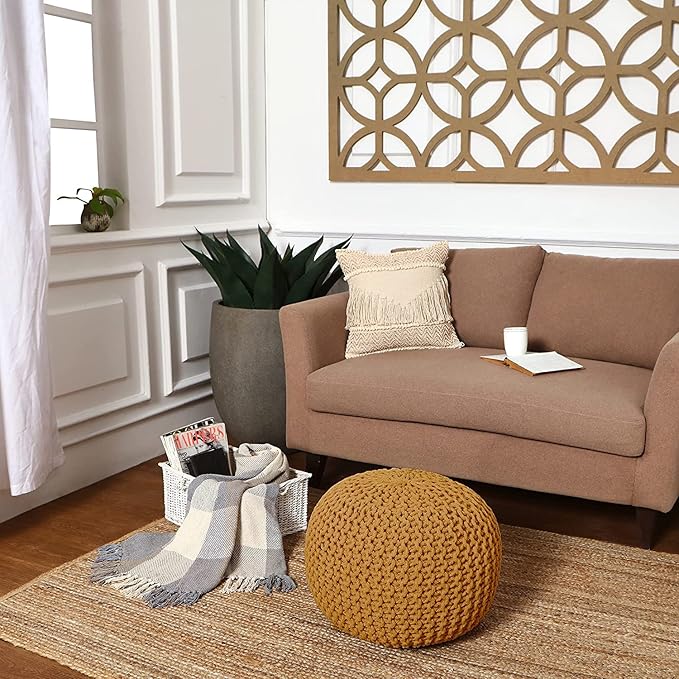 REDEARTH · Round Pouf Ottoman - Hand Knitted Cable Boho Poof Home Décor Pouffe Circular Footrest for Living Room - Bedroom - Lounge - Nursery - 100% Cotton Poufs (19.5"x19.5"x14") - Mustard