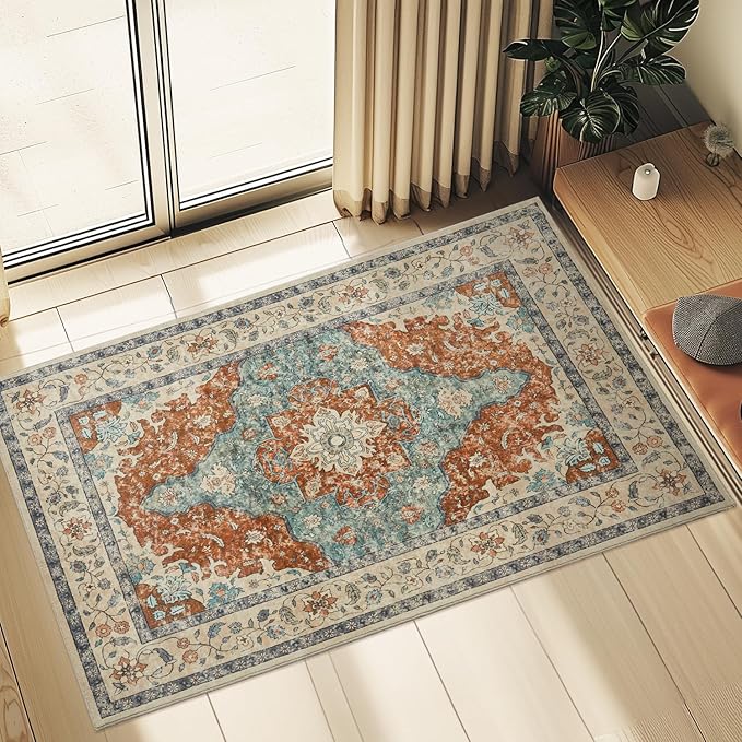 Topllen Washable Area Rug - 3'x5' Boho Bedroom Rug Indoor, Non-Slip Low-Pile Rugs for Living Room Bathroom Kitchen Front Door, Entry Throw Carpet Stain Resistance (Rust, 3x5ft)