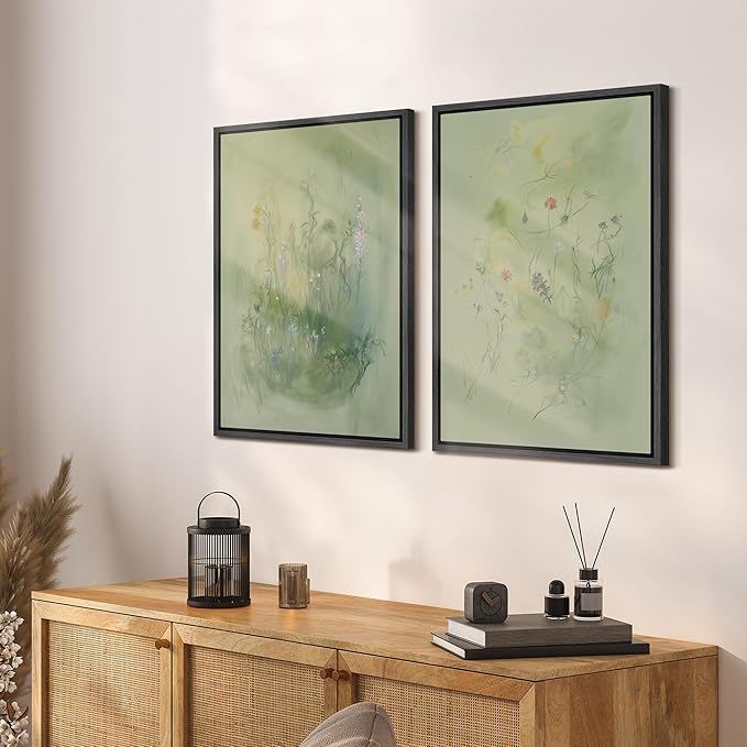 SIGNFORD Framed Canvas Print Wall Art Set Whimsical Green Wildflower Illustration Modern Art Decorative Nordic Nature for Living Room, Bedroom, Office - 24"x36"x2 Black