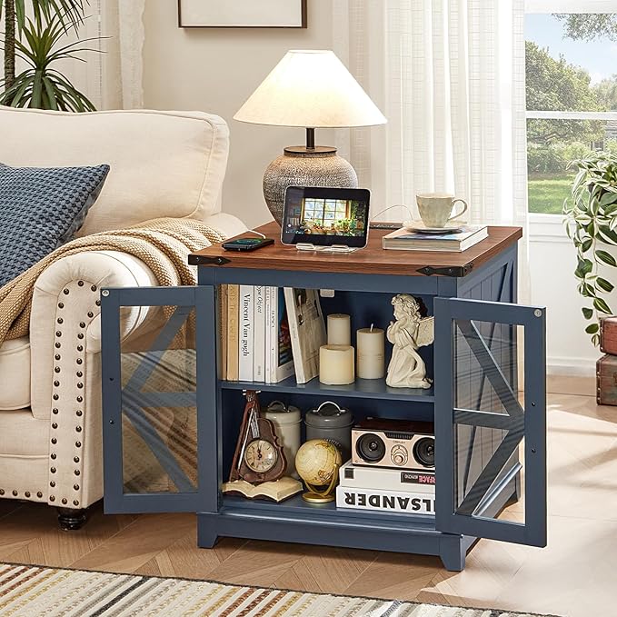 Farmhouse End Table with Charging Station Set 2, 24" Large Sofa Side Table with Glass Barn Door, Blue Nightstand with Adjustable Storage Shelf,Wood Square Bedside Table for Living Room,Bedroom