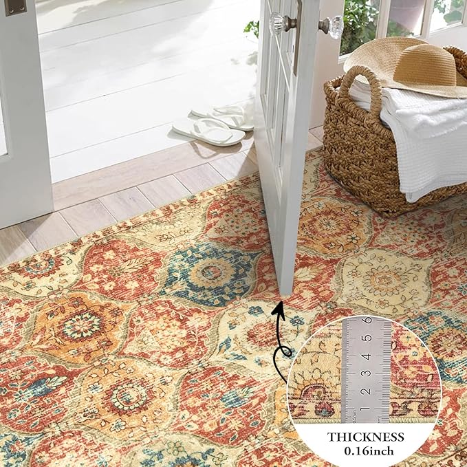 Lahome Moroccan Trellis Round Area Rugs, Washable Small Round Rug 3ft Non-Slip, Soft Vintage Ultra-Thin Circle Carpet for Bedroom Entryway Kitchen Laundry Bathroom, Red/Orange