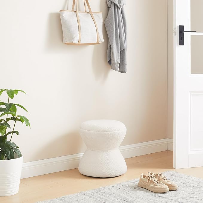 VANOMi Multi-Functional Boucle Ottoman, Vanity Stool Chair, Sturdy Wooden Footstool, Suitable for Living Room, Bedroom, and Entryway, Without Installation, White