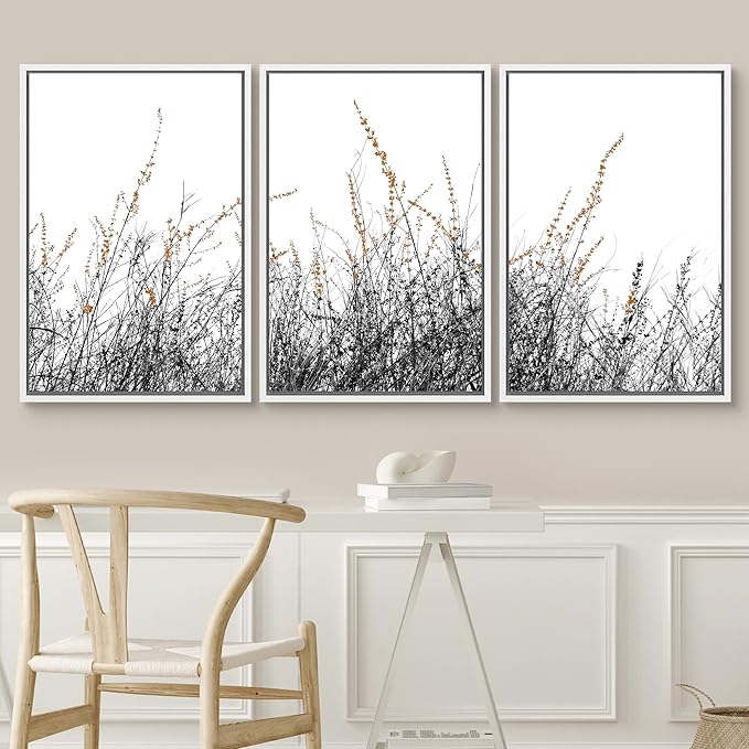 SIGNWIN 3 Piece Framed Canvas Wall Art Wild Grass Field Nature Wilderness Photography Abstract Contemporary Landscape Canvas Prints Home Artwork Decoration for Living Room,Bedroom - 24"x36"x3 White