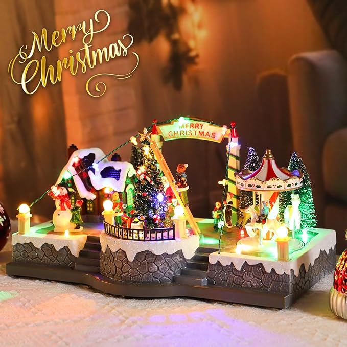Vigdur Christmas Village Houses - Lighted Xmas Carousel & Rotating Train and 8 Xmas Songs, Christmas Animation Village Indoor Holiday Tabletop Decorations for Home Tabletop Gift