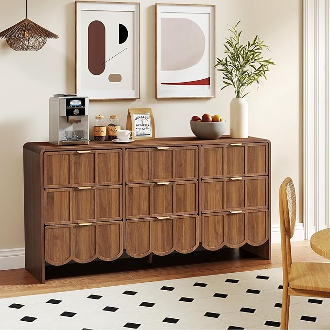 9 Drawer Dresser for Bedroom, Modern Closet Chest of Drawers with Wave Fluted Drawer, Wood Storage Small Dresser Organizer for Nursery Bedroom Living Room Hallway Closet (Walnut)