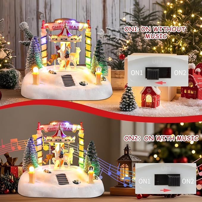 Bdor Christmas Carousel Tabletop Decoration – Lighted Musical Merry-Go-Round with Reindeer and Trees – Battery Operated Christmas Scene – 7.5"x5.5"x6" Holiday Centerpiece with LED Lights and Music