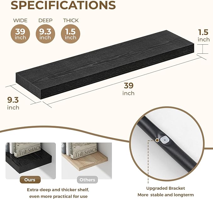 40 Inches Floating Shelves for Wall, 9.3" Deep Long Floating Shelves Set of 2, Large Display & Storage Shelf, Wall Shelf for Bathroom Bedroom Living Room Kitchen Office, Black