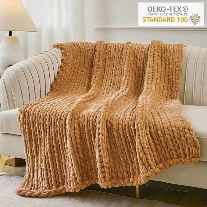 Esterra Chunky Knit Throw Blanket Newly Upgraded Heavy Tighter Version, Handmade Chenille Throw Super Soft, Thick Yarn Cable Knit Crochet Throw Blanket for Couch Bed Sofa (50"x60" Mustard Yellow)