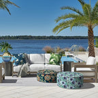 LVTXIII Indoor/Outdoor Inflatable Ottoman, D31 x H14 Inch Large Round Ottoman, All Weather Foot Rest Stool, Portable Footrest for Patio, Garden, Camping and Home - Blue Salmone Tropical