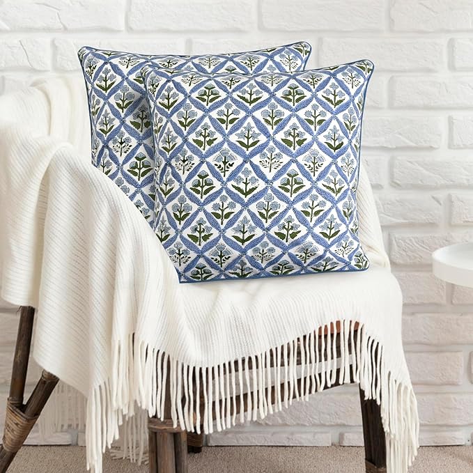 Ridhi Light Steel Blue Cotton Canvas Throw Pillow Covers for Decorative Couch Pillows for Living Room, Chic Boho Cute Outdoor Thanksgiving Pillows Covers Gifts 24x24 Inches
