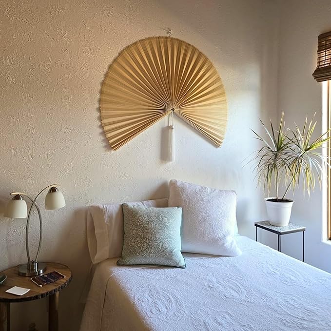 Fan Wall Decor, Japanese Giant Fan, Large Bamboo Fan Wall Art For Boho Hanging Headboard, Decorative Folding Fans For Over Bed, Asia Trending (Ivory 48inch)