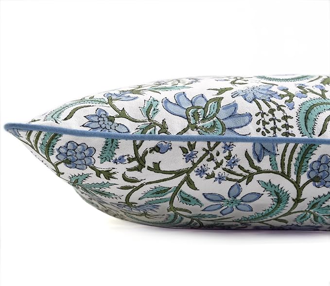 Ridhi Columbia Blue Block Print Cotton Throw Pillow Covers for Decorative Couch Pillows for Living Room, Chic Boho Cute Outdoor Valentine Pillows Covers Gifts 20x20 Inches