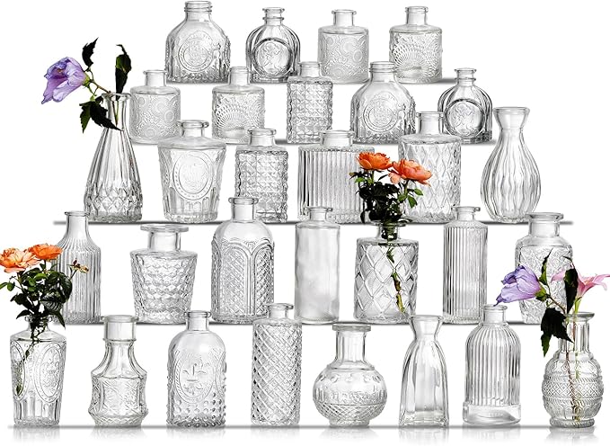 Glass Bud Vase Set of 30 - Small Vases for Flowers in Bulk - Assorted Vintage Crystal Vases for Flowers, Table Centerpieces (Clear, 30 Pcs)